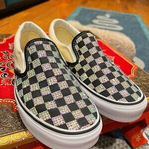Iridescent Crystal Rhinestone Checker Bling Custom Slip On Vans Men 7.5/Women 9